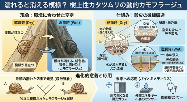 濡れると模様が消える？樹上性カタツムリの動的カモフラージュを解明